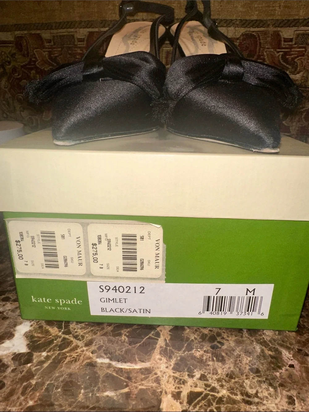 Kate Spade Black Satin Pointed Slingback Heels with Bow Accent
